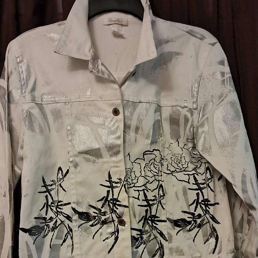 Impulse Brand White Denim Jacket w/black & silver printed design Size SP